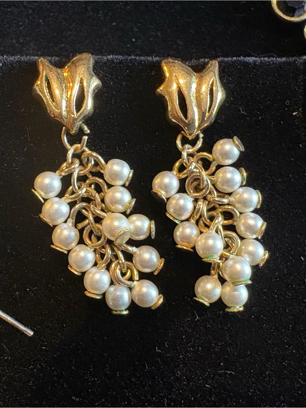 Stunning Gold Tone Faux Pearl Cluster Drop Earrings